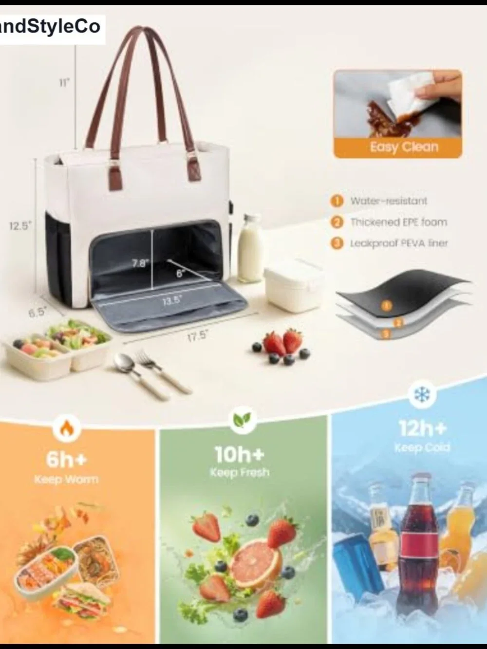 PU Leather Insulated Lunch Tote Work Bag